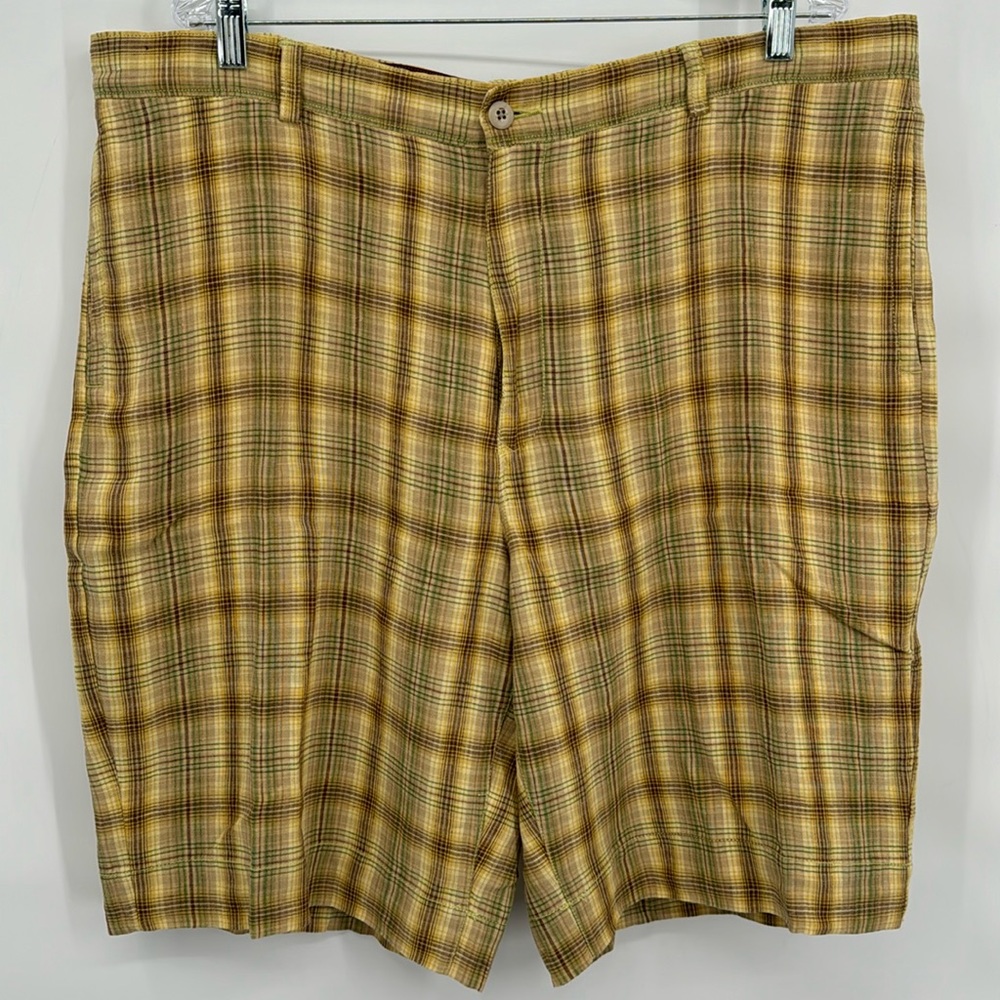 Tommy Bahama Mens Casual Shorts RELAX 42 100% Linen Plaid Multicolor Flat Front